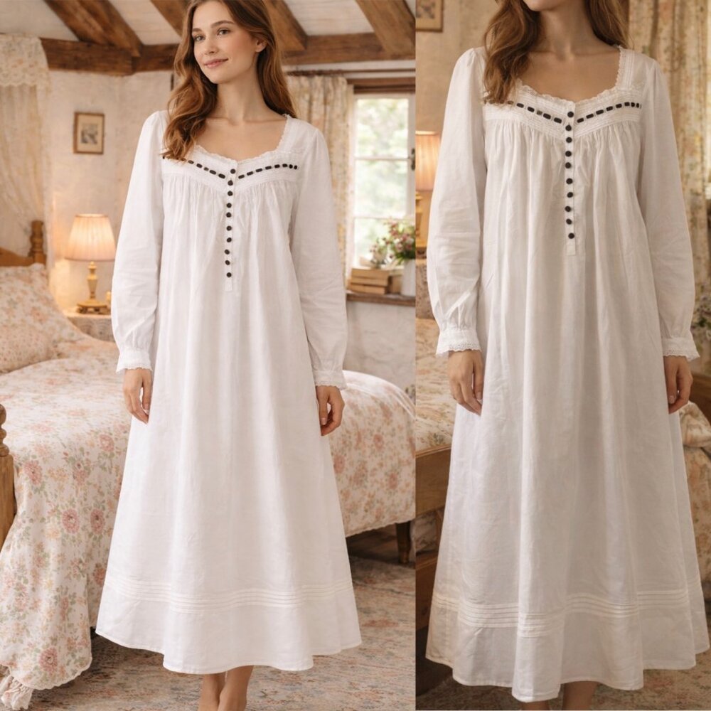 NWT Lanz Of Salzburg White Cotton Long Sleeve Romantic Nightgown Size Small